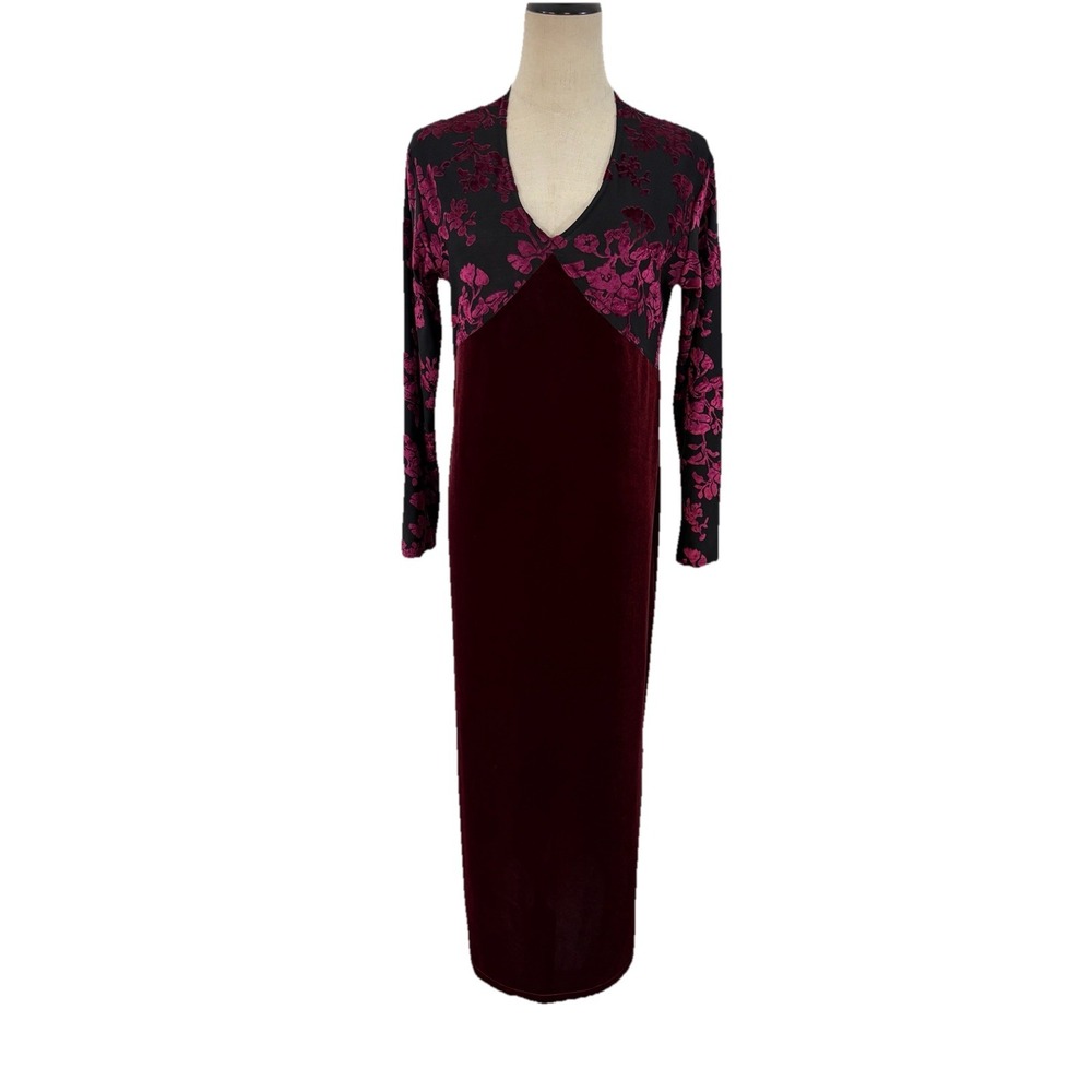 Vtg 90s Burgundy Velvet Maxi Dress Empire Waist Floral Sz S Romantic Whimsigoth